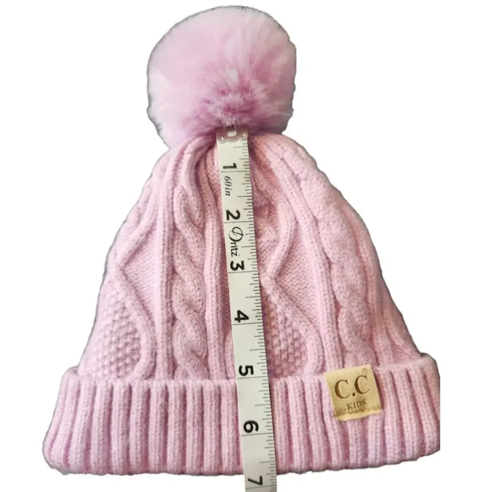 CC kids cable‎ knit lined stocking hat with pom pink/purple